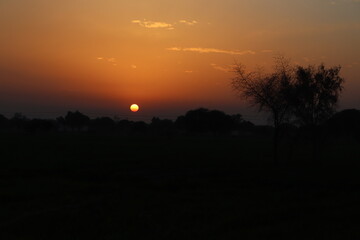 Golden hour sunset casting dramatic shadows over a rural landscape