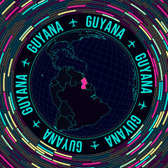 Guyana on globe. Satelite view of the world centered to Guyana. Bright neon style. Futuristic radial bricks background. Trendy vector illustration.