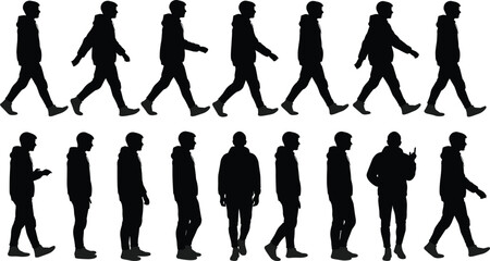 Silhouette of person walking in hoodie, side view, various poses, isolated vector illustration, casual motion, human figure, white background, stock content