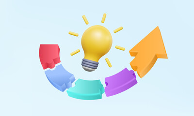 Arrow jigsaw puzzle with Yellow light bulb New idea join business Brainstorming teamwork partnership connection technology design Development innovation processes presentation. 3d vector illustration