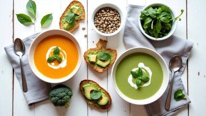 Overhead shot of healthy soups, avocado toast, and ingredients on a white table