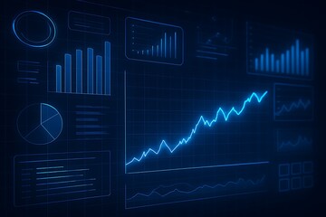 Futuristic glowing blue digital dashboard with interactive charts graphs and analytics showing upward growth trend for business financial and technology data visualization concepts