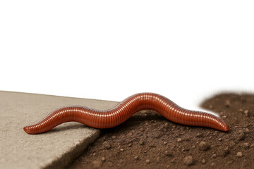 Fototapeta premium Red worm crawling between concrete edge and dirt with transparent background