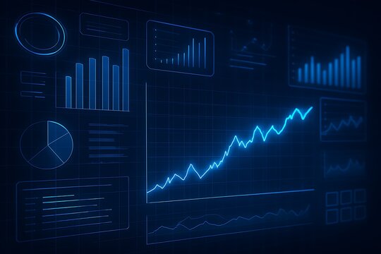 Futuristic glowing blue digital dashboard with interactive charts graphs and analytics showing upward growth trend for business financial and technology data visualization concepts