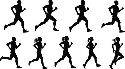Silhouette of running people, fitness jogging illustration, male and female runners, health activity, vector motion graphic