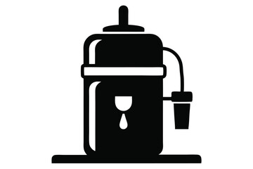 Black minimalist illustration of coffee brewing apparatus featuring drip and small container silhouette