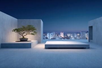 Fototapeta premium Modern rooftop terrace with bonsai tree overlooking city skyline at night