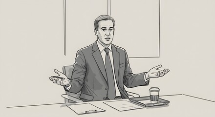 A man in a suit sitting at a desk with papers and a coffee cup, looking engaged