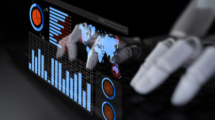 A robotic hand engages with a dynamic digital interface showcasing graphs, charts, and a world map,...