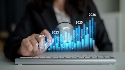 Business bar chart and line graph showing yearly business growth from 2022 to new year 2026,...