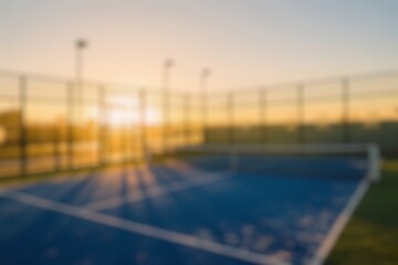 blurry padel court at sunset with outdoor blue court