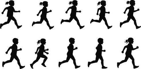 Silhouettes of running kids in motion, children jogging vector illustration, fitness, sport, action, energy, exercise