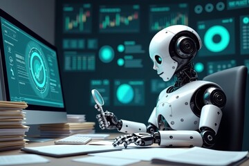 Futuristic AI Robot Analyzing Data and Conducting Tax Review Amidst Piles of Accounting Records