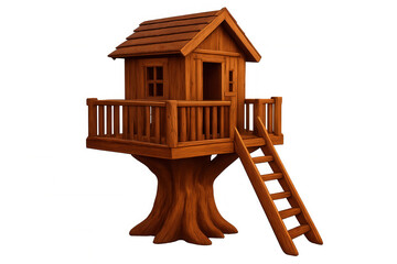 3d rendering of a charming wooden tree house with a ladder, perfect for children's playtime, isolated on a transparent background