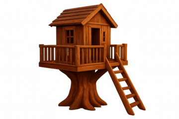 3d rendering of a charming wooden tree house with a ladder, perfect for children's playtime, isolated on a transparent background