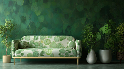 Green sofa with leaf pattern on green background.