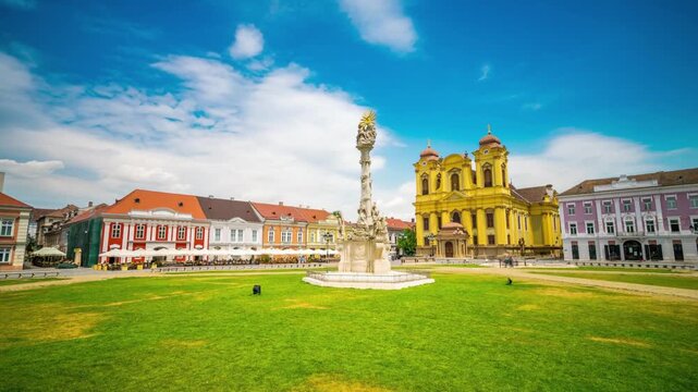 Union square in timisoara, romania, with historical buildings and a monument