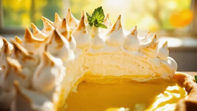 Golden lemon meringue pie with toasted peaks on a rustic table, homemade dessert food photography with copy space