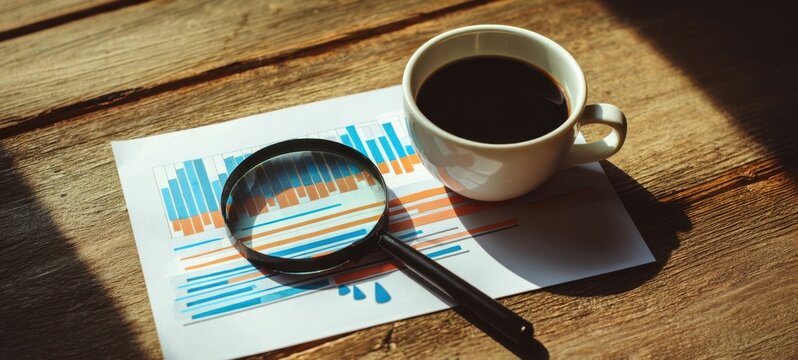 The magnifying glass and coffee cup on financial charts on a wooden desk