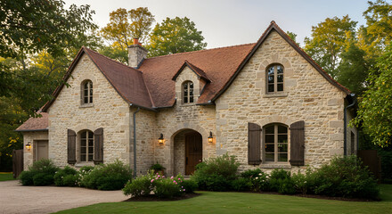 A French Country home with stone facade, arched windows, and a terracotta roof