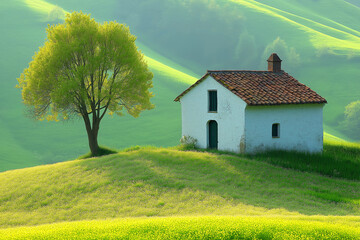 Fototapeta premium Picturesque countryside scenery with charming cottage and vibrant tree under a bright sky.