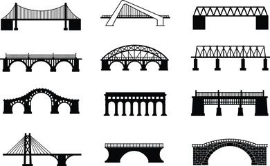 Bridge silhouette, suspension bridge vector, arch bridge icon, truss bridge, viaduct illustration, cable-stayed bridge, old stone bridge, river crossing, transport architecture design