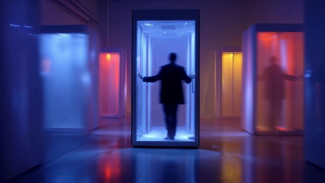 Medium shot highlighting a person entering a futuristic confessional booth with the booths microphone in sharp focus and surroundings softly blurred representing anonymous voice