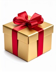 Obraz premium A Golden Gift Box Tied With A Red Ribbon On A White Background In Studio Lighting