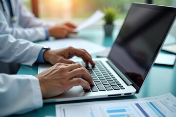 Fototapeta premium Close-up of Doctor Typing on Laptop with Reflected Screen in Glasses, Surrounded by Medical Charts and Papers