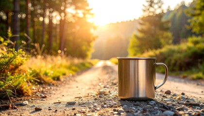 Metal Mug on Forest Path at Sunrise Relaxing Nature Break