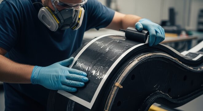 Technician wearing gloves and safety gear spreading carbon fiber prepreg material on a curved bicycle frame mold.