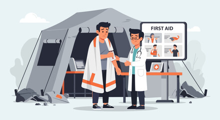 Doctor administrating first aid injection near tent at refugee medical camp