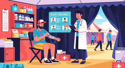 Illustrative medical assistance tent at an outdoor event with a doctor tending to a patient © rusdi