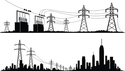 Obraz premium Vector Silhouette of Power Plant, Electrical Substation, and City Skyline with High Voltage Transmission Towers for Energy, Industry, and Infrastructure Design Projects