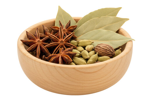 Aromatic spices in wooden bowl still life anise cardamom bay leaves - Powered by Adobe