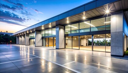 Modern Building Exterior with Glass Facade and Open Parking at Twilight