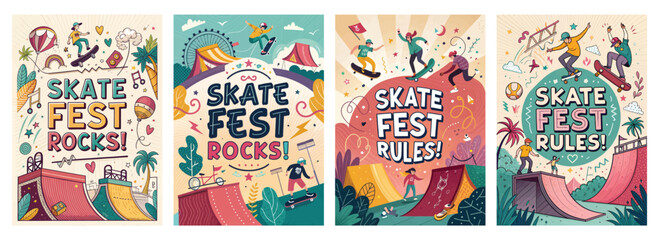 Vibrant skate fest posters showcasing exciting skateboarding stunts and colorful graphics.
