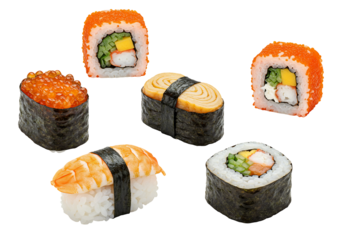 Assorted sushi rolls and nigiri on transparent background food photography