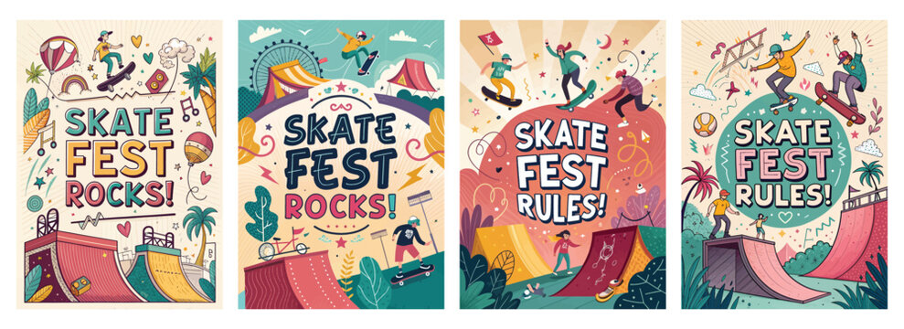 Vibrant skate fest posters showcasing exciting skateboarding stunts and colorful graphics.