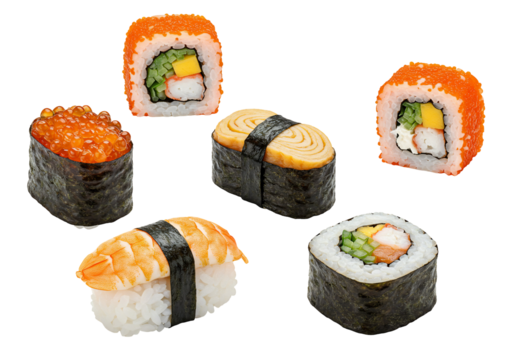 Assorted sushi rolls and nigiri on transparent background food photography