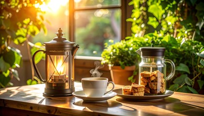 Morning Coffee with Cookies and Candle on Wooden Table with Sunlight
