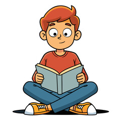 Boy sits cross-legged, reading a book.
