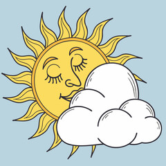 Sleepy sun and cloud, peaceful scene.
