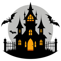 Haunted house silhouette under a gray moon, surrounded by bats.
