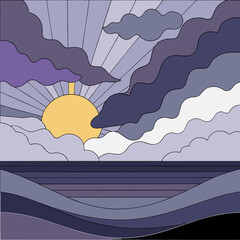 Sunrise over a stormy sea, a peaceful, stylized landscape.
