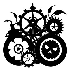 Steampunk gears and plants, intricate mechanical design.
