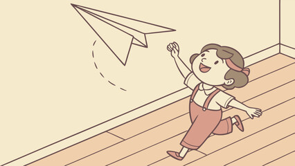 Child runs, launches paper airplane, joyful imagination.
