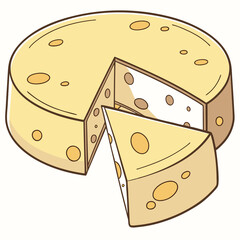 Round cheese wheel, sliced, showing interior.
