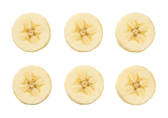 Banana fruit slices in symmetrical pattern isolated on transparent background