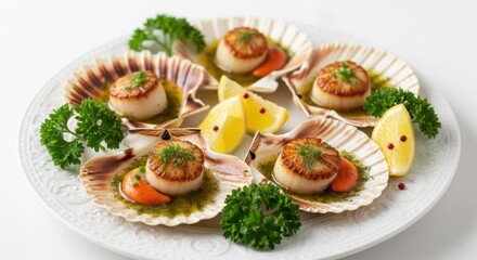Delicious Pan Seared Scallops Served in Shells with Lemon and Herbs